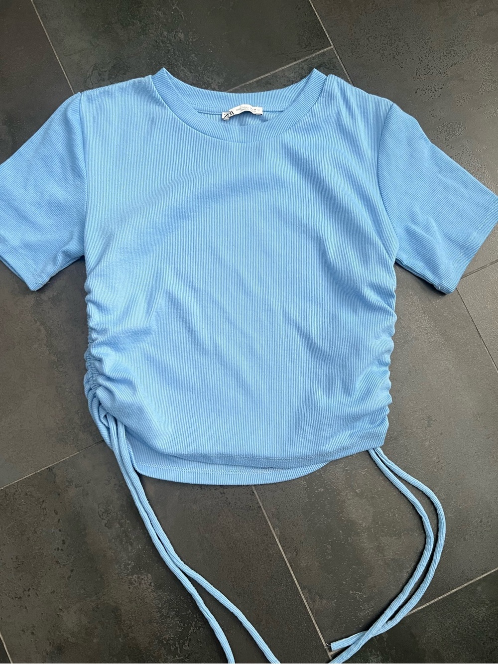ZARA Sky Blue Ruched Side Tie Crop Top, Size L